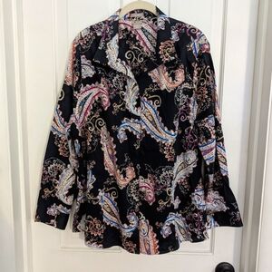 Chicos Women's Paisley Top SIZE 4 U.S. 20/22 Button Up Long Sleeve‎ Office Black